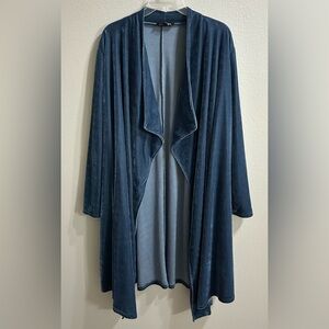 Suzanne Betro Longline Cardigan Size 3X Blue Vemvet Velour Open Front Waterfall